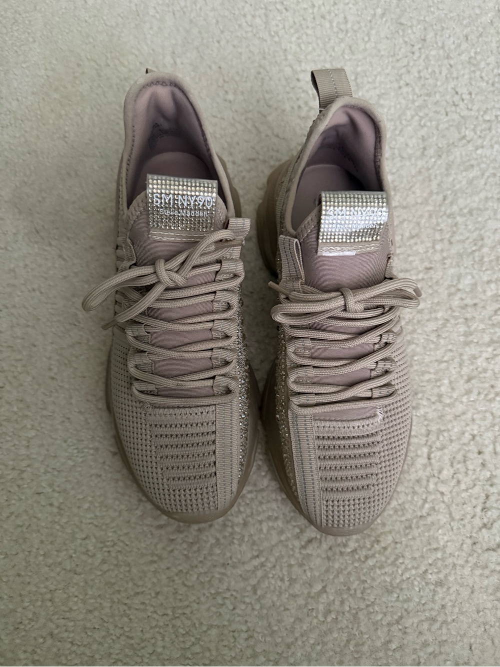 Steve Madden Blush Taupe Knit Sneakers with Rhinestone Tongue